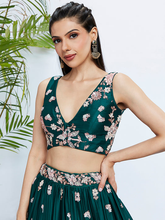 Green Pure Georgette Sequins and thread embroidery Lehenga