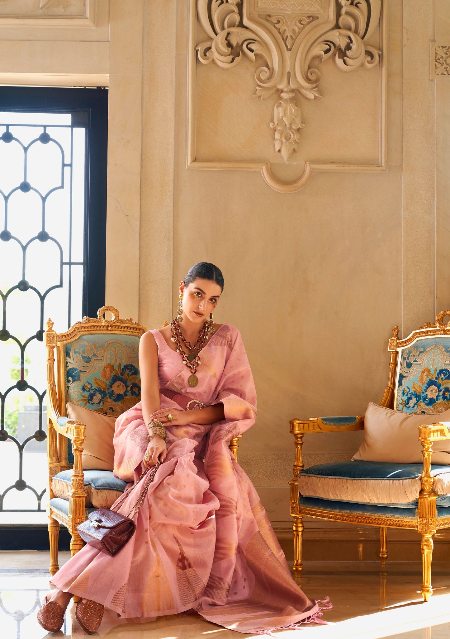 Pink Kyaari Silk Tissue Zari Khicha Zari Handloom Saree