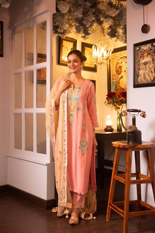 Pietra Dura Pink Georgette Machine Embroidered Engagement Kurta set