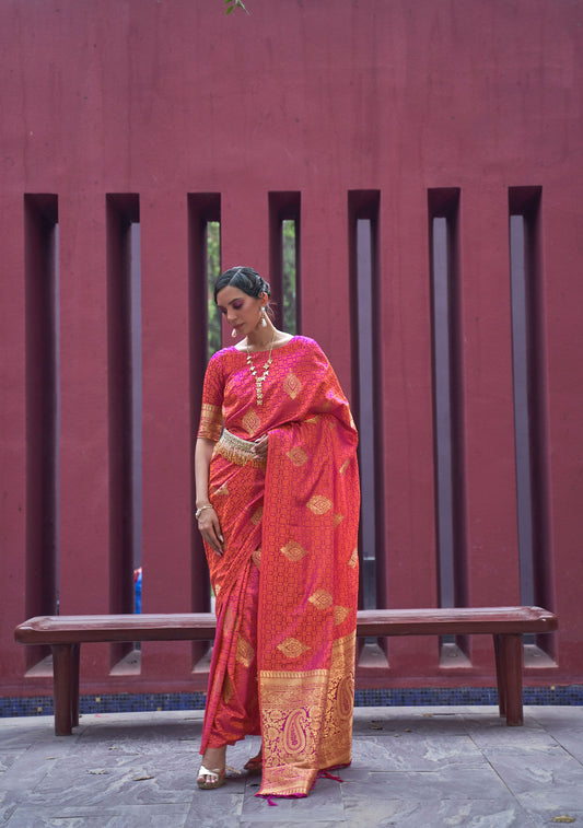 Orange Khushrat Pure Satin Weaving Saree