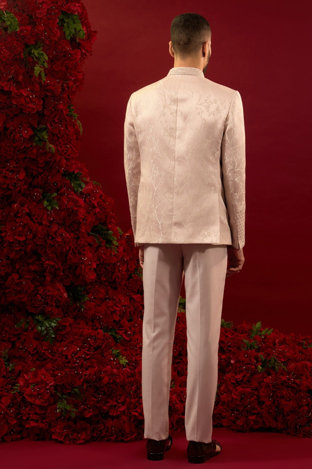 Peach silk suit with machine work