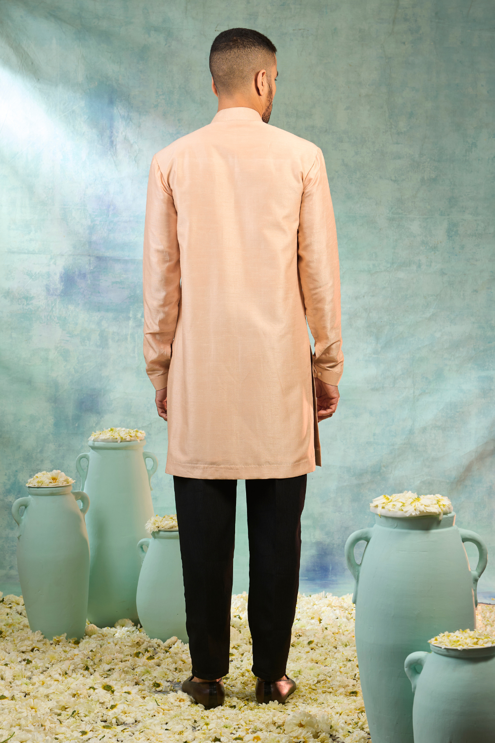 Black velvet sherwani with mirror and thread work