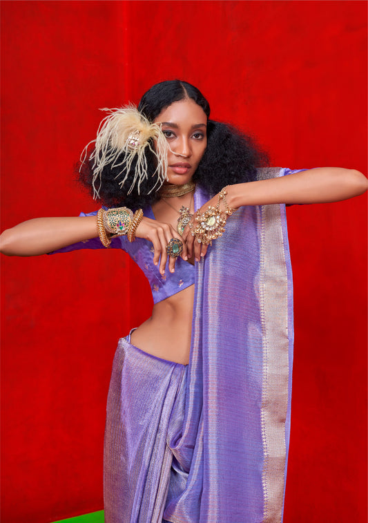 Lavender Kontigo Pure Viscose Zari Tissue Saree