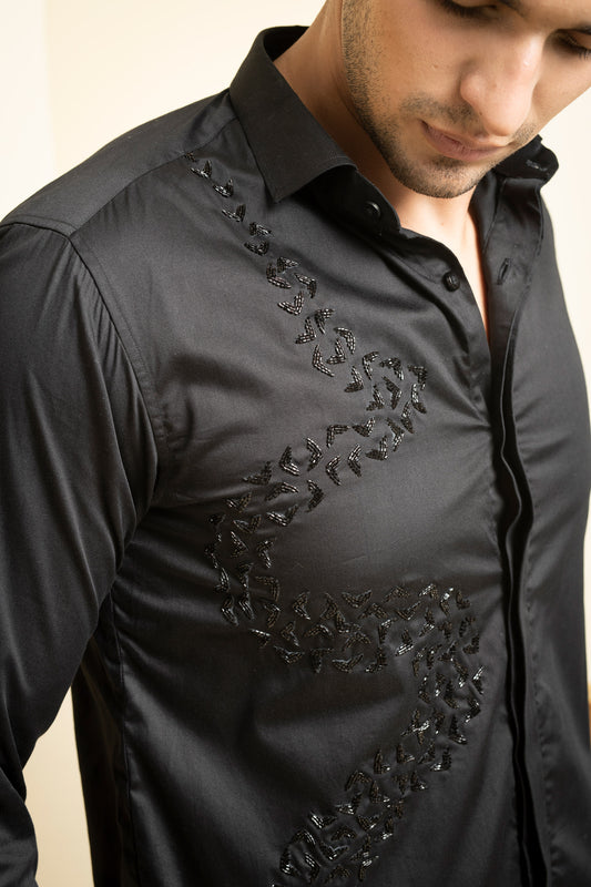 Black Cotton satin Awel Party Wear Shirt