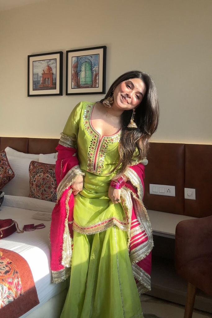 Khwahish Neon Green Organza Mirror Work Sharara Set