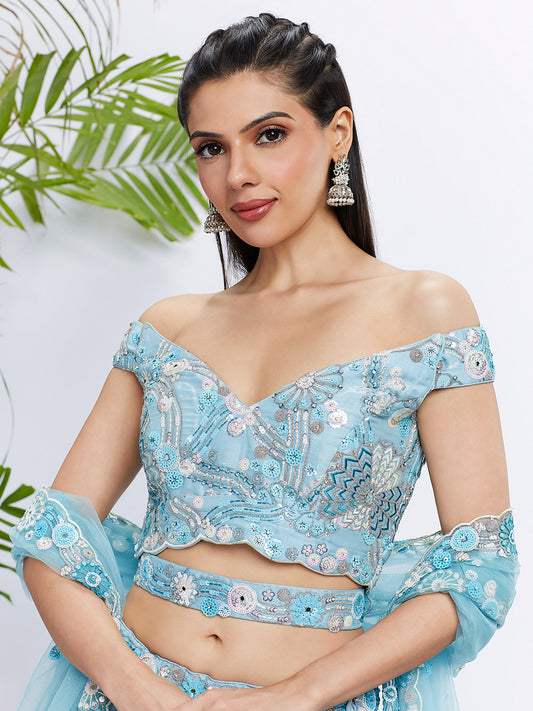 Sky blue Organza Sequins, Zarkan and thread embroidery Lehenga