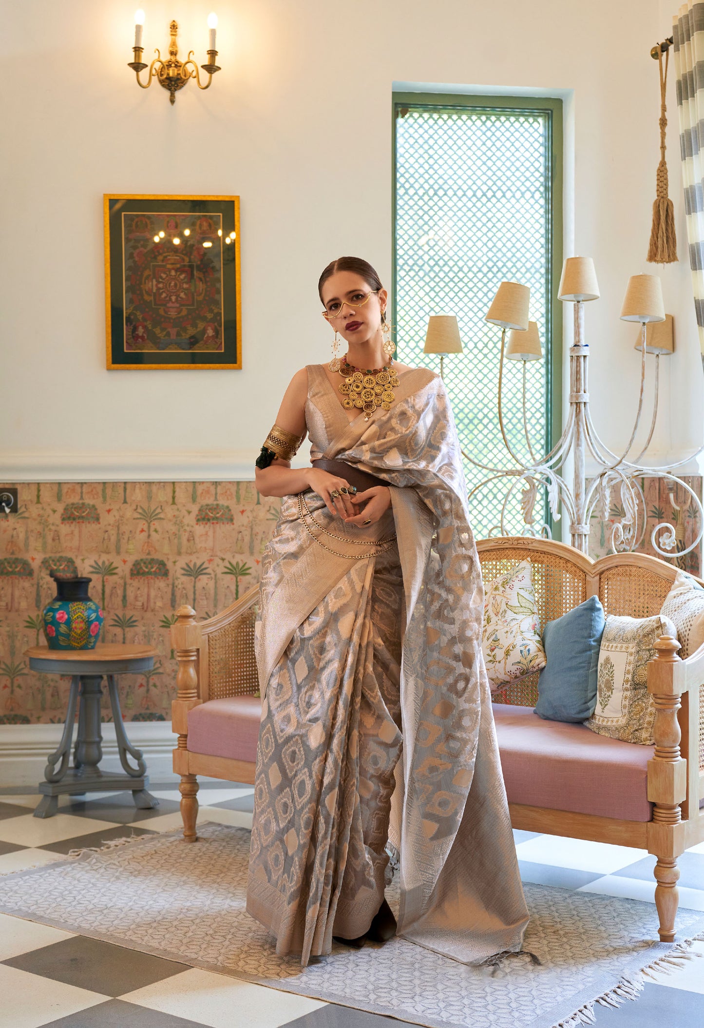 Peach Kalki Multi Tissue Zari Handloom Saree