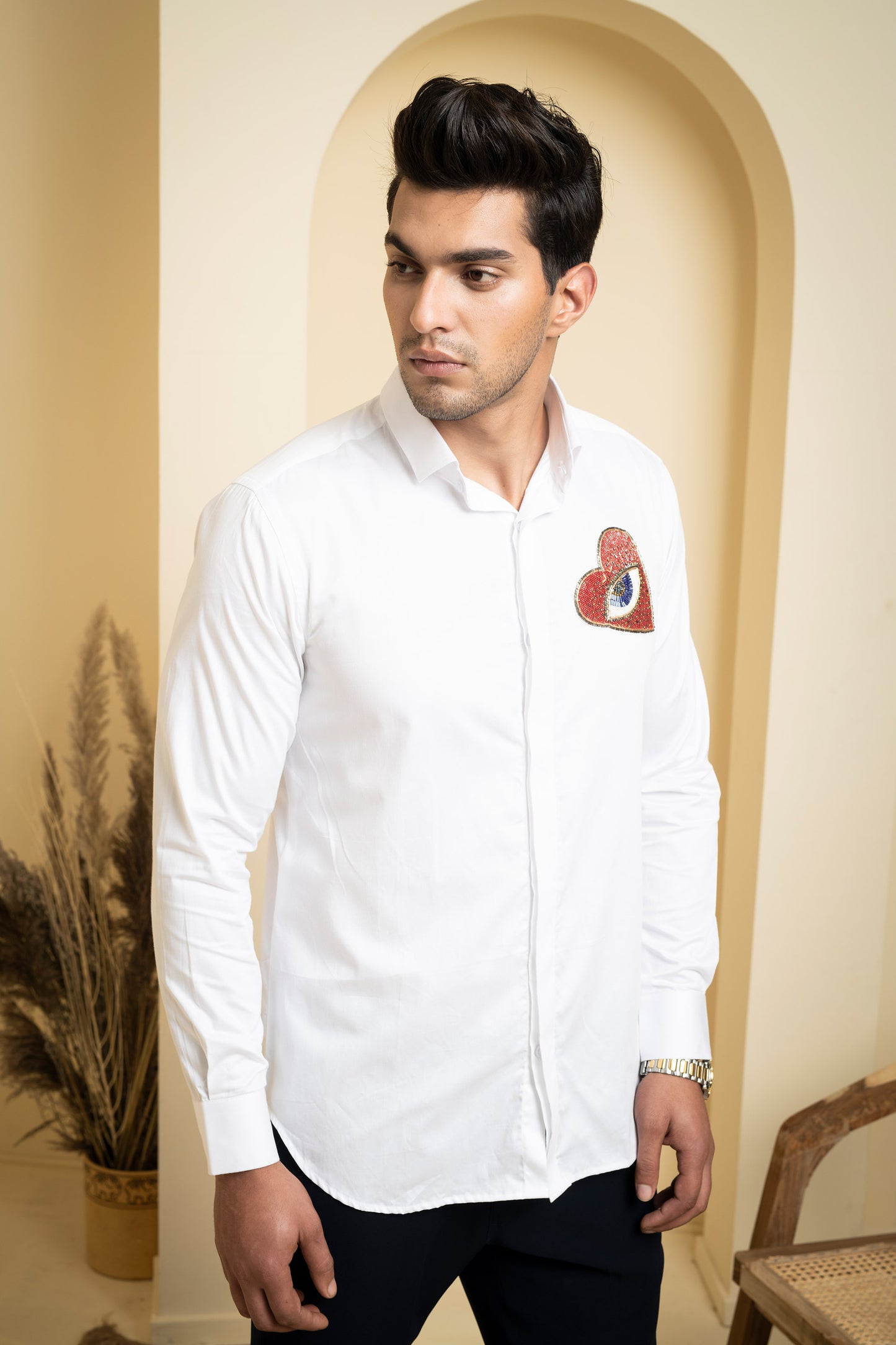 White Cotton satin Redert Intricate Embroidered Shirt