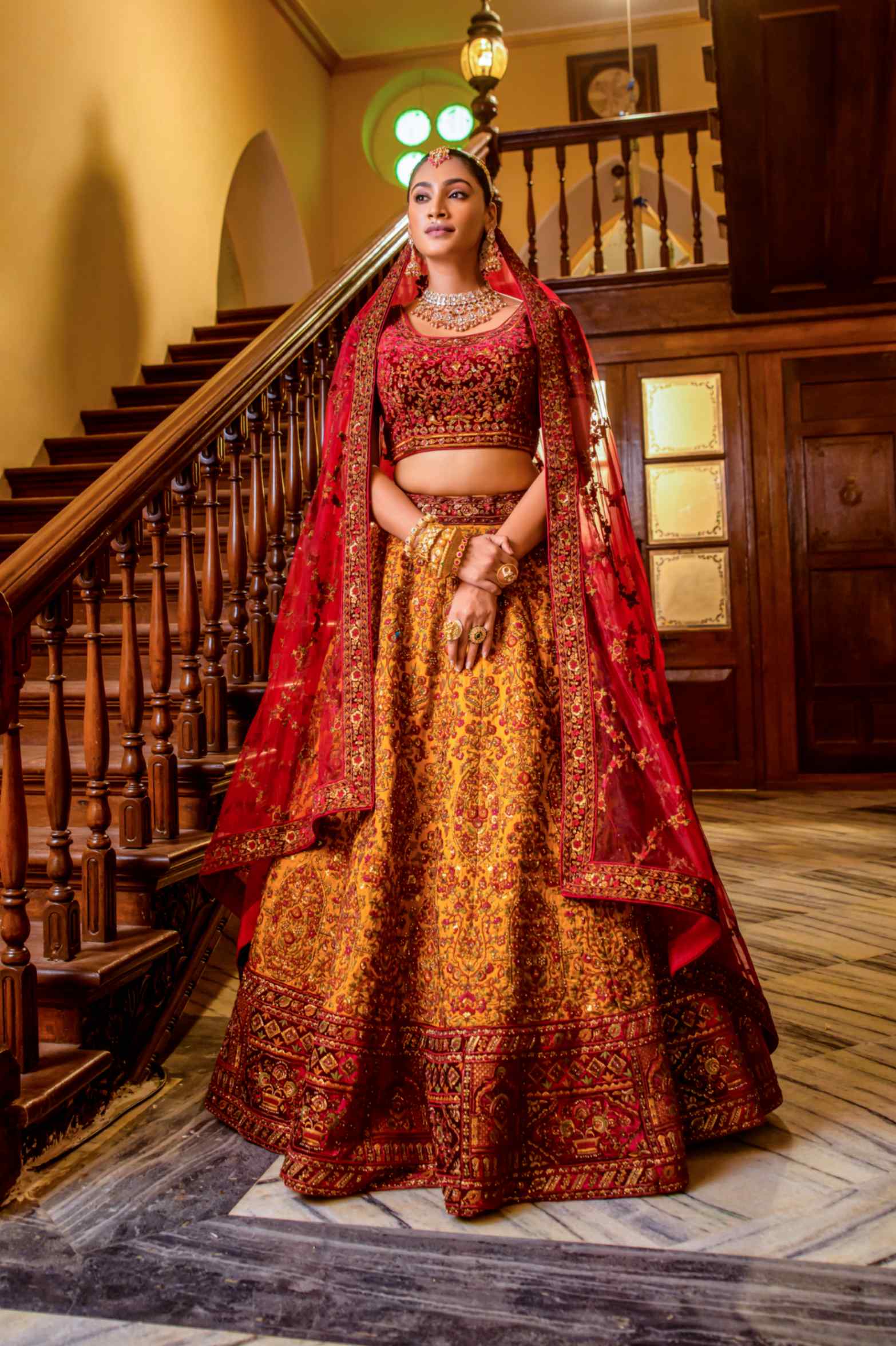 red lehenga wedding dress Red Banarasi Silk Zari, Sequins and Pearl Embroidery Wedding Lehenga-1146 C S