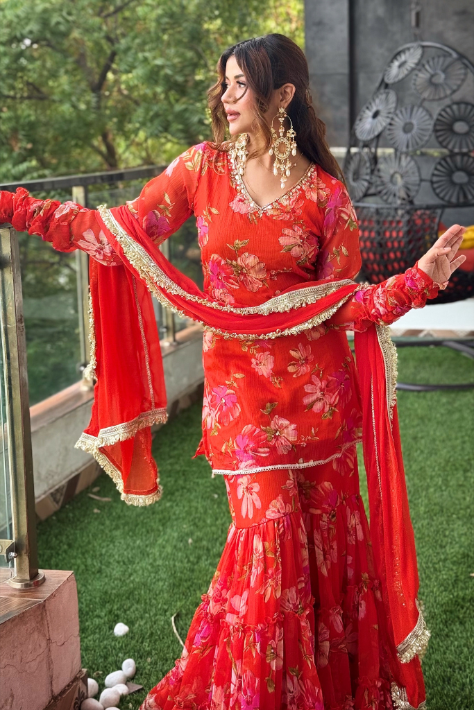 Radhika Orange Chiffon Festive Sharara Set