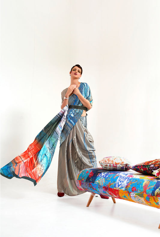 Beige Kazo Digital Soft Crepe Printed Saree