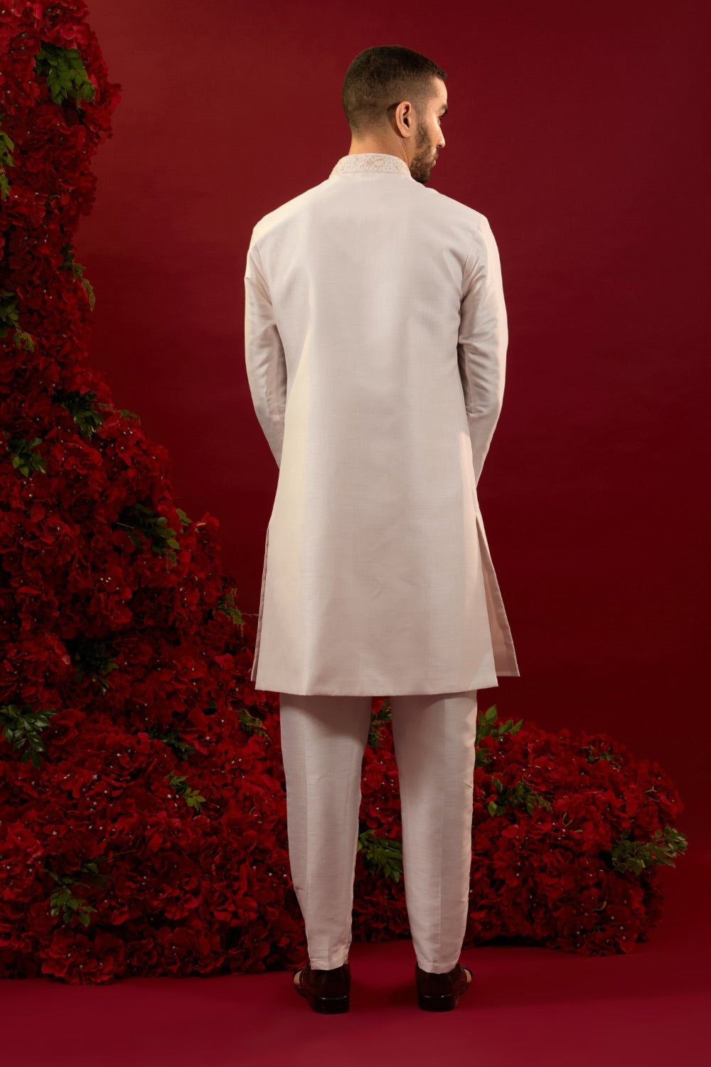 Rose while silk open koti set with detailed machine work