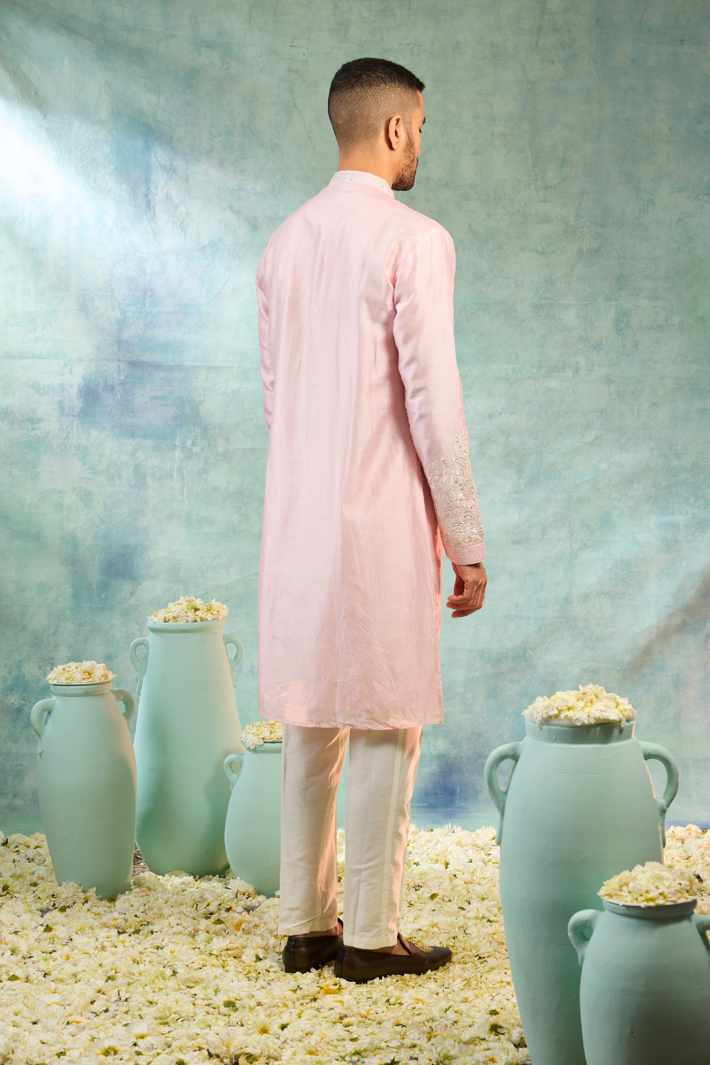 Light pink silk koti set with thread embroidery and mirror work