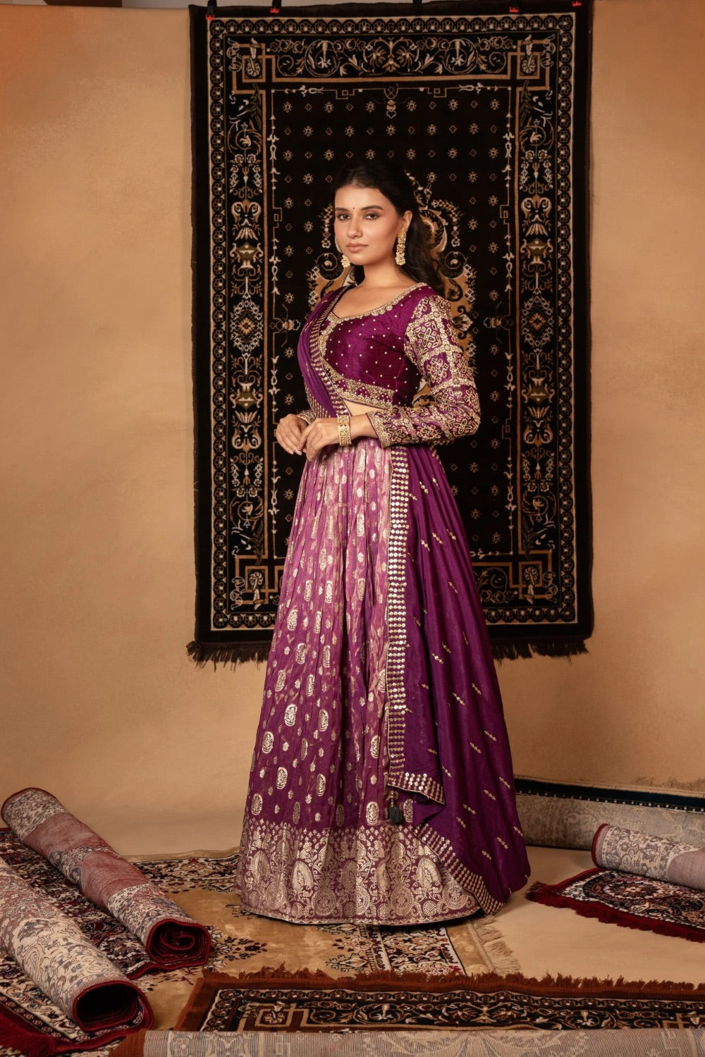Raisin purple soft silk lehenga choli with cut dana work