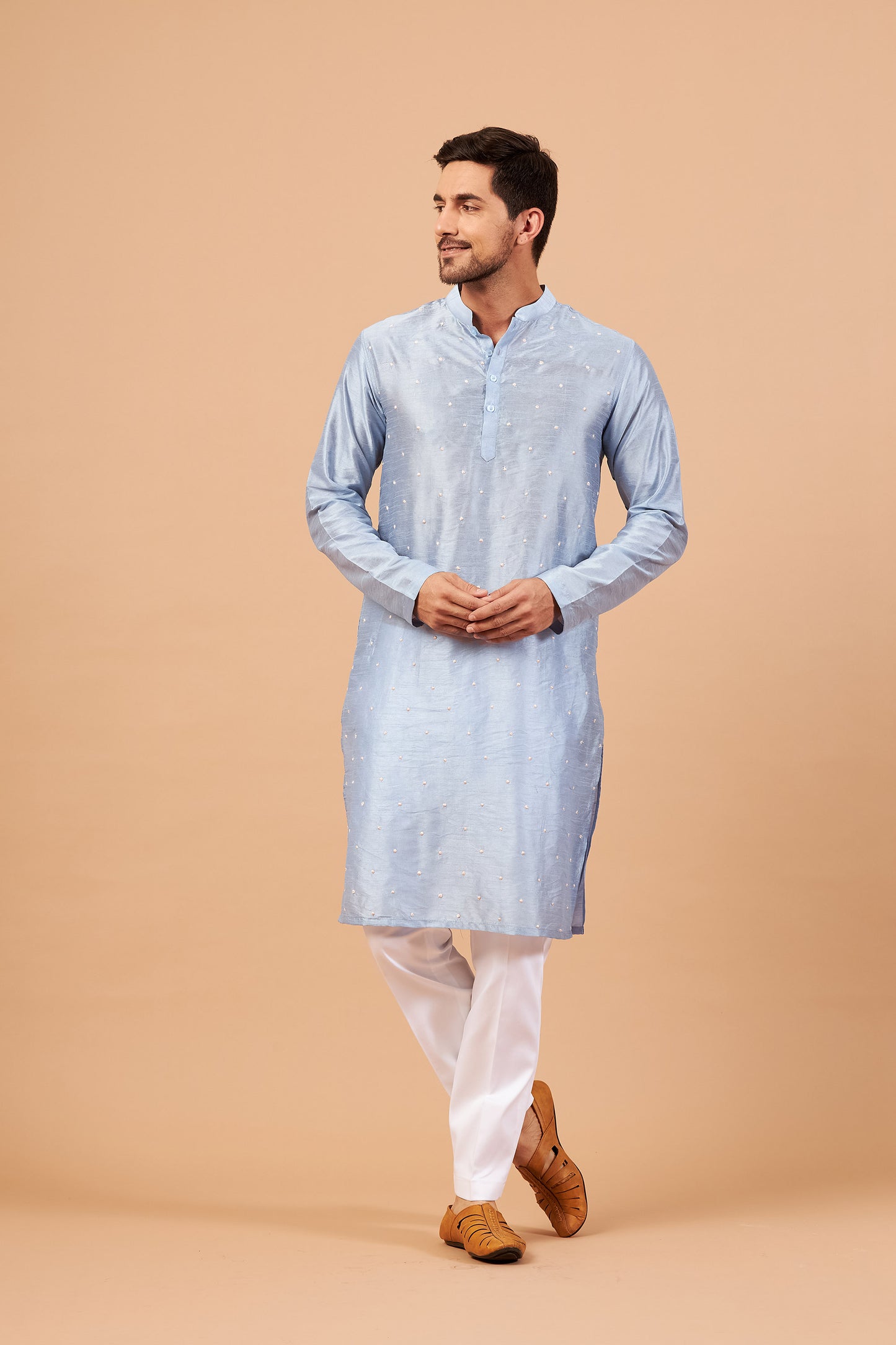 Sky Blue Semi Raw Silk Machine Embroidered Festive ( only Kurta )