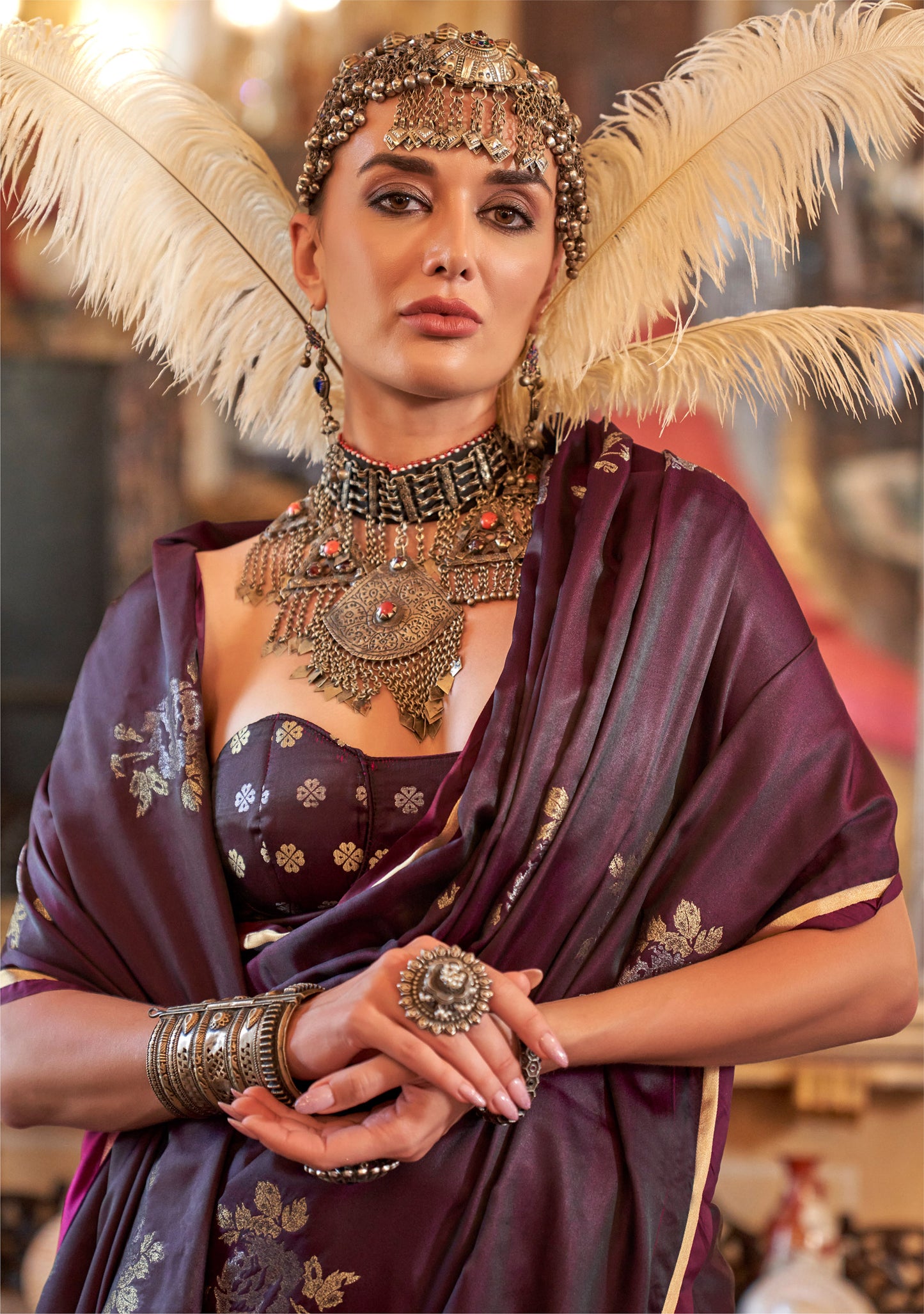 Maroon Kanthkala Satin Silk Handloom Saree