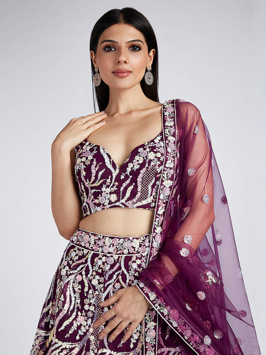 Burgundy Net Sequins and thread embroidery Lehenga choli & Dupatta