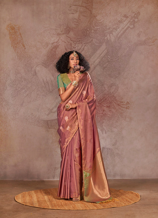 Mauve Pink Kirtan Two Tone Handloom Weaving Silk Saree With Contrast Pallu