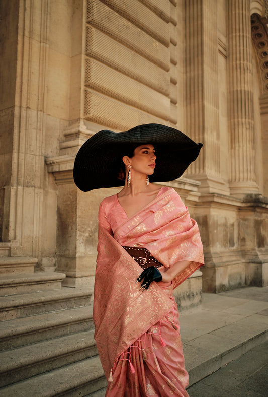 Peach Kaasha Silk Gota Handloom Saree