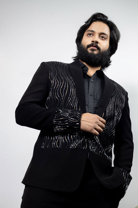 Alish Black Imported Suiting Silver Thread Embroidered Party Wear Blazer
