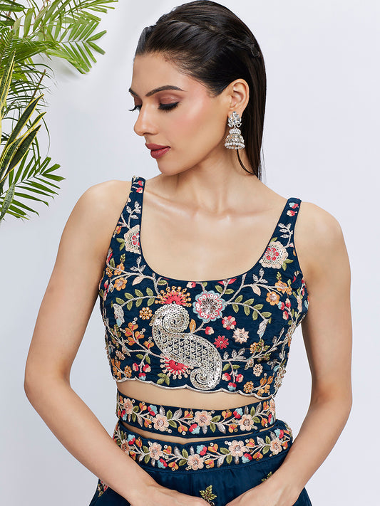 Navy blue Organza Sequins and thread embroidery Lehenga choli