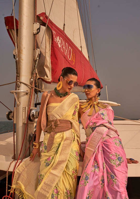 Yellow Khibaa Silk Chinnon Nylon Handloom Saree