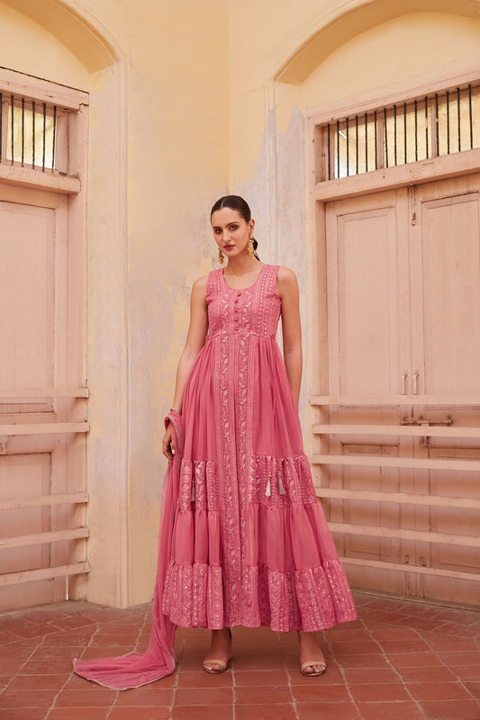 Pink Georgette Zari & Sequins Embroidered Anarkali