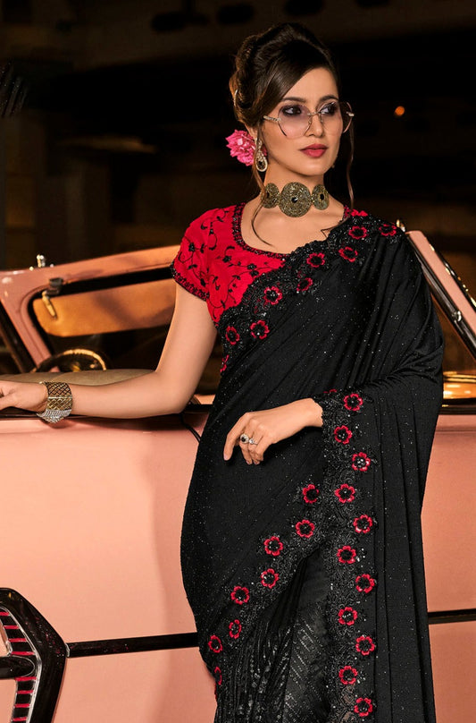 Black Color Diamond and Sequins Work Fancy Saree