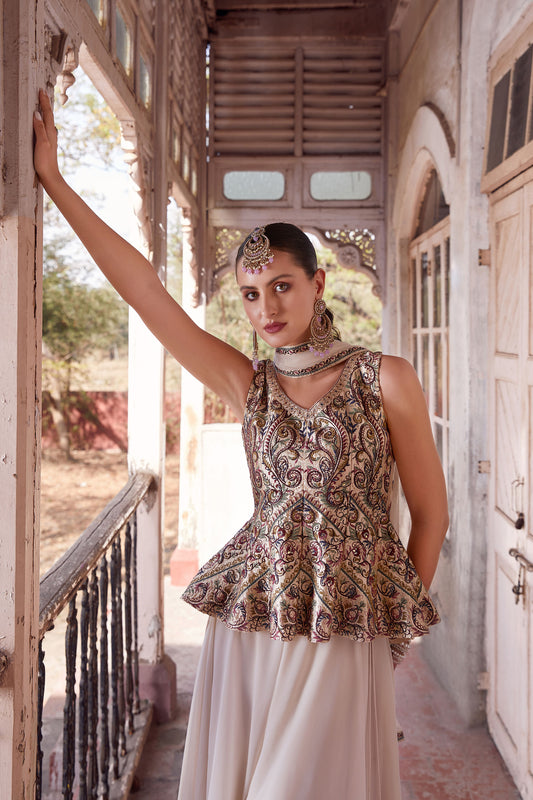 Off White & Beige Georgette Zari & Sequins Embroidered Festive Sharara