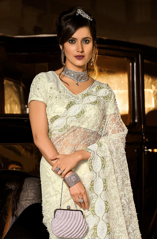 White Digital Net Saree with Heavy Moti Embroidery
