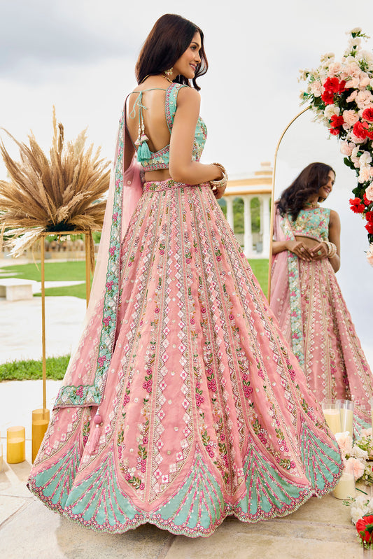 Pink Tissue Sequins Embroidery Reception Lehenga for Bride