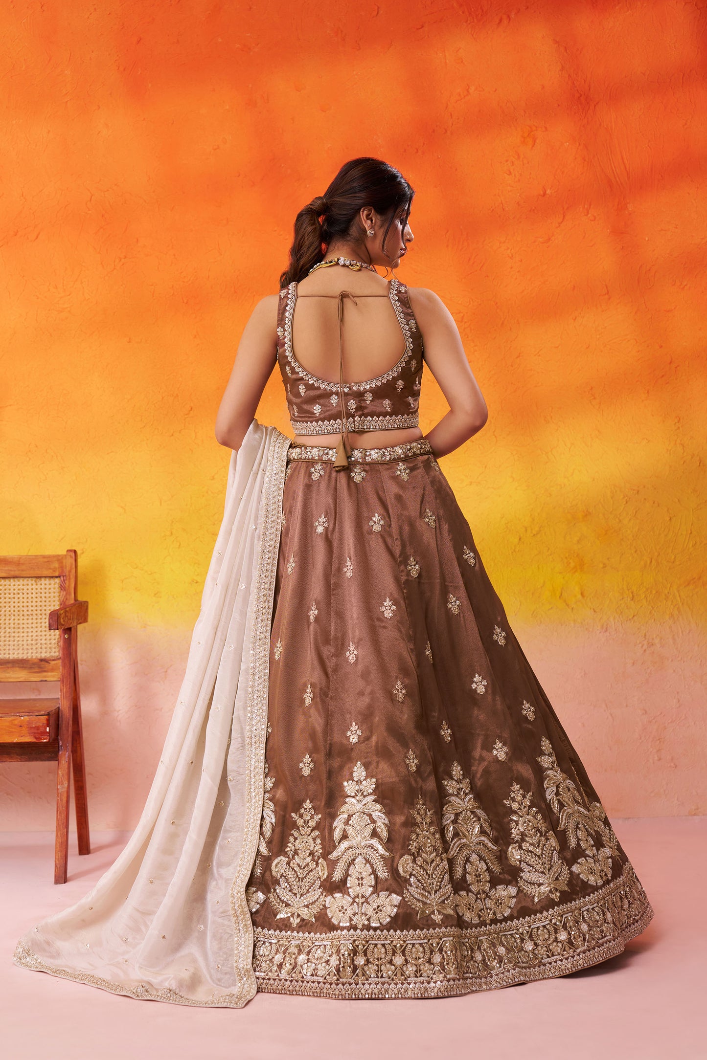 Brown Tissue Sequins & Thread Embroidery Bridesmaid Lehenga