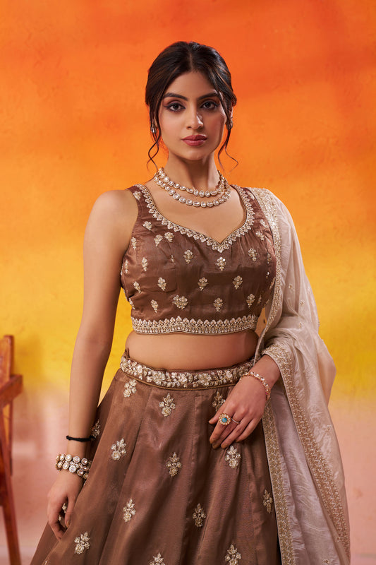 Brown Tissue Sequins & Thread Embroidery Bridesmaid Lehenga