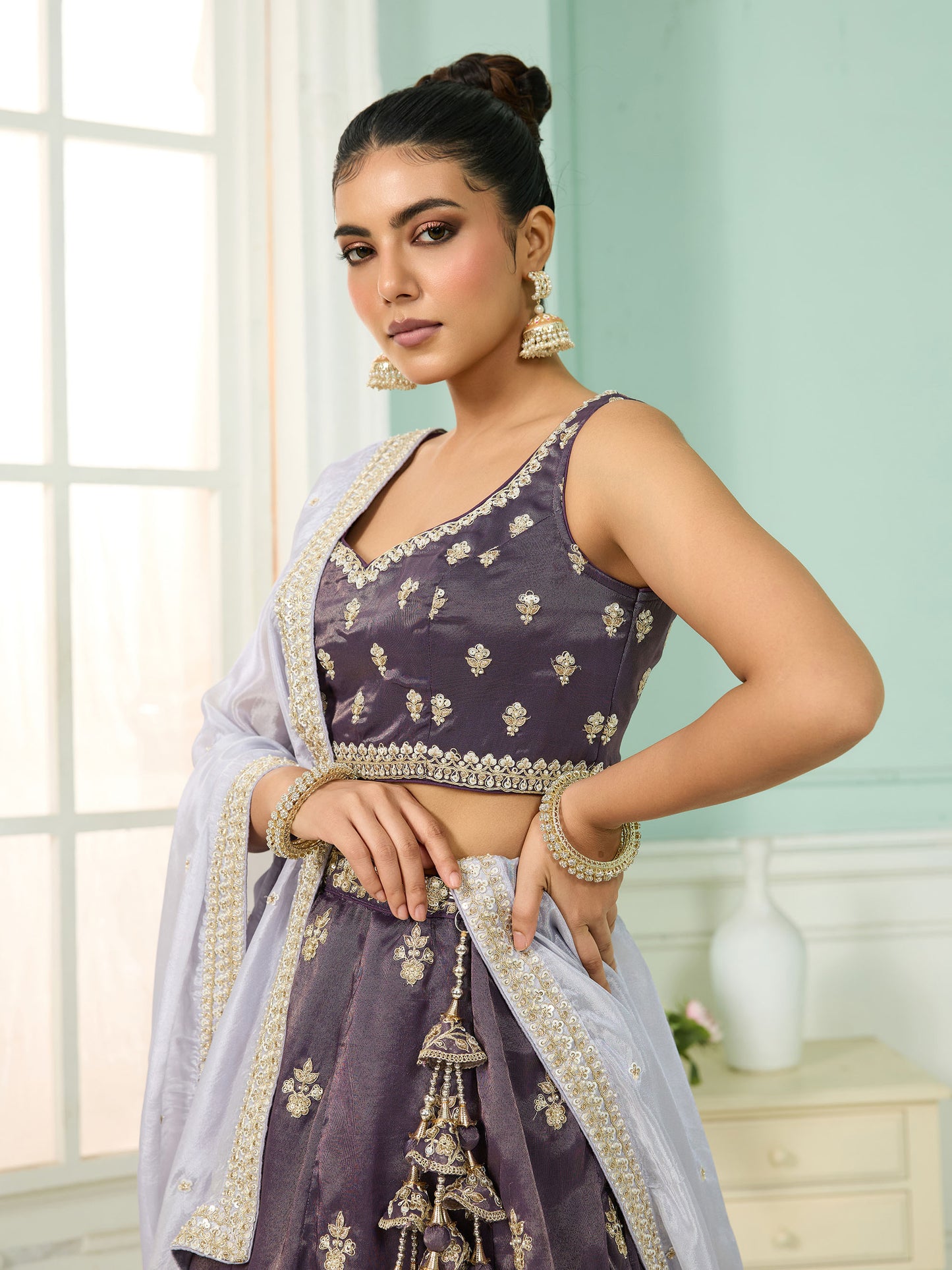 Purple Tissue Sequins Embroidery Engagement Lehenga for Wedding Guest