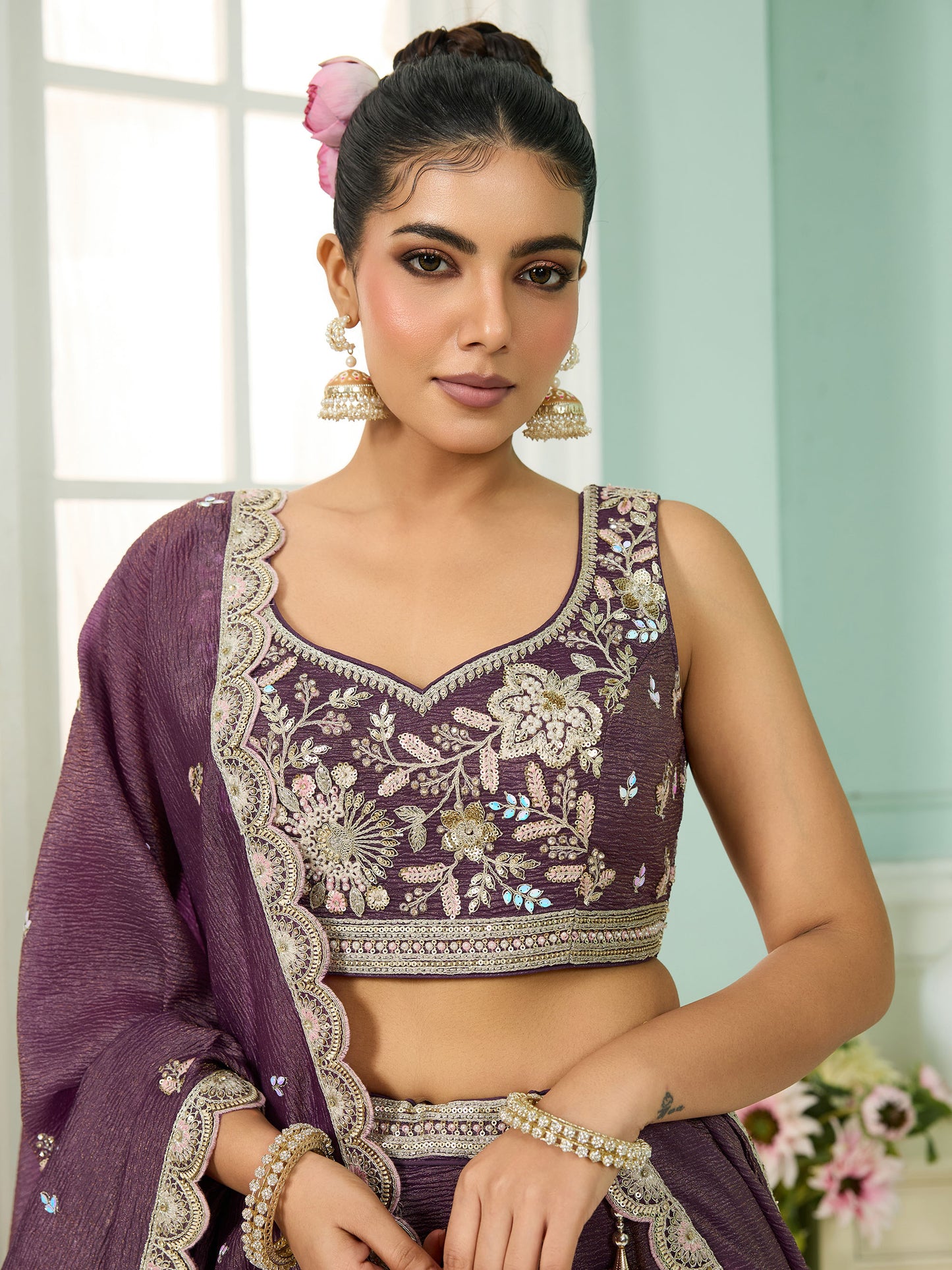 Dark Purple Tissue Sequins Embroidery Reception Lehenga