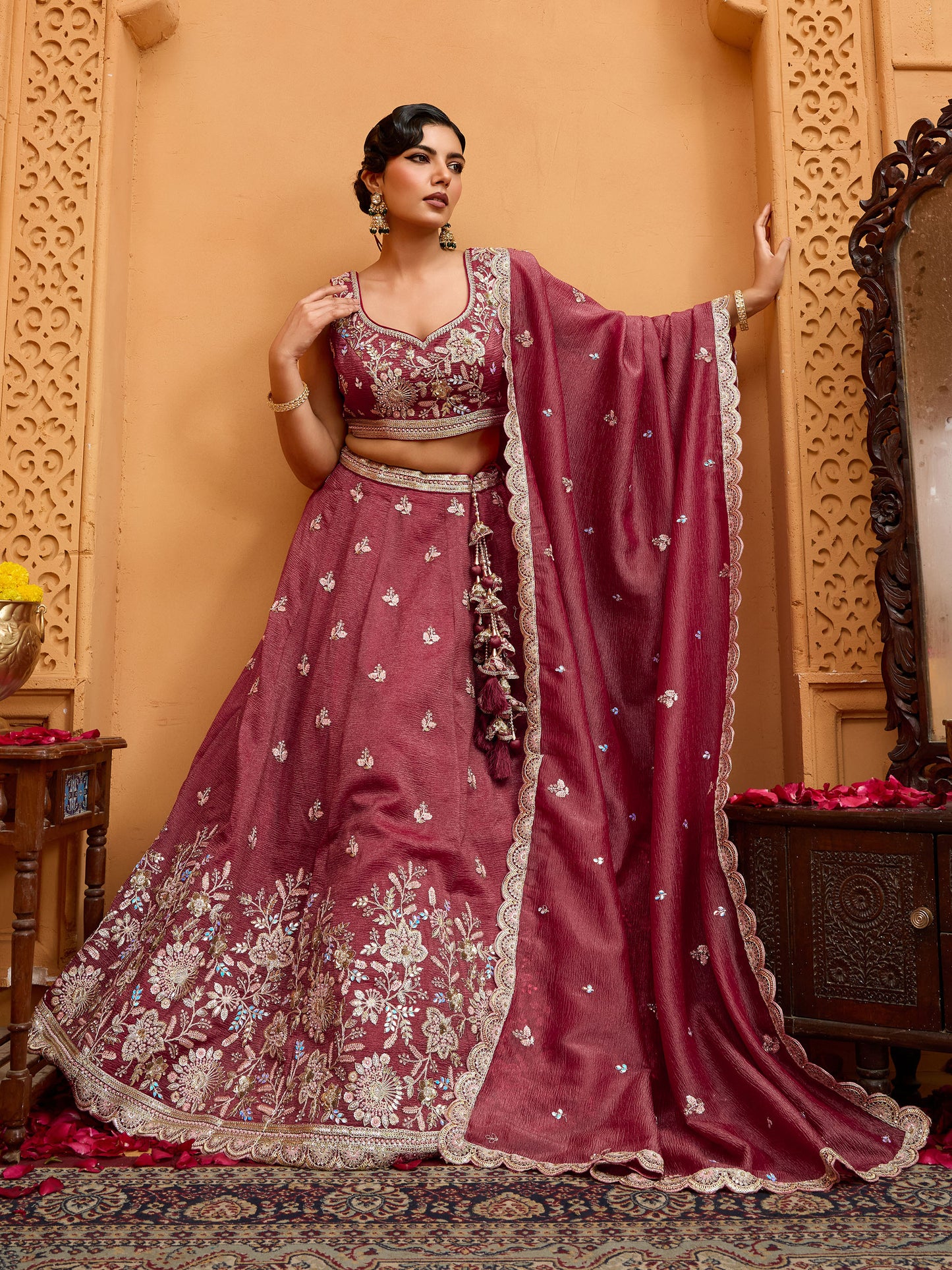 Rose Gold Tissue Sequins Embroidery Bridesmaid Lehenga for Sangeet