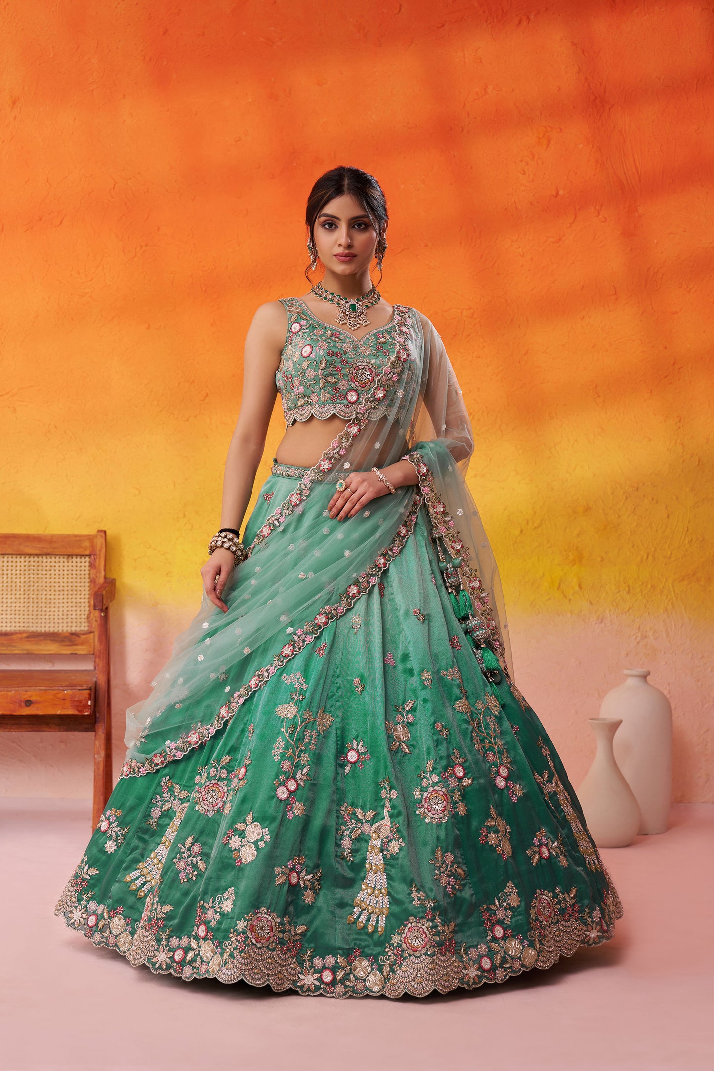 Sea Green Tissue Sequins & Thread Embroidery Bridesmaid Lehenga for Wedding