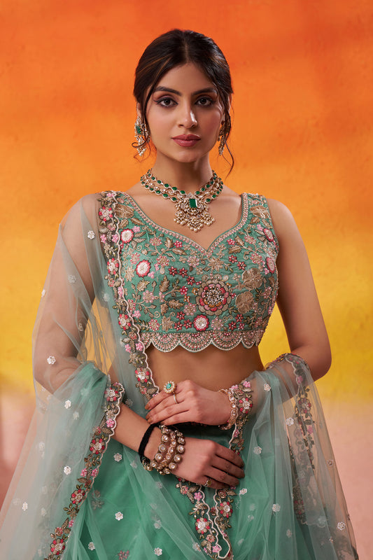 Sea Green Tissue Sequins & Thread Embroidery Bridesmaid Lehenga for Wedding