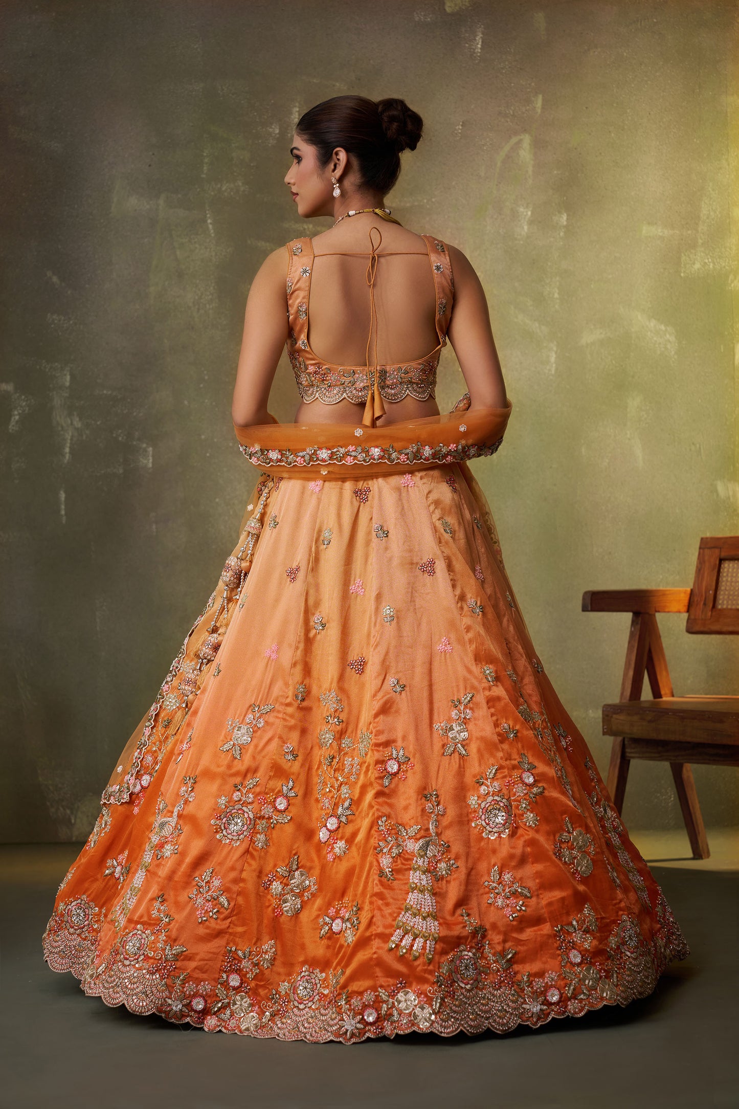 Orange Tissue Sequins & Thread Embroidery Engagement Lehenga