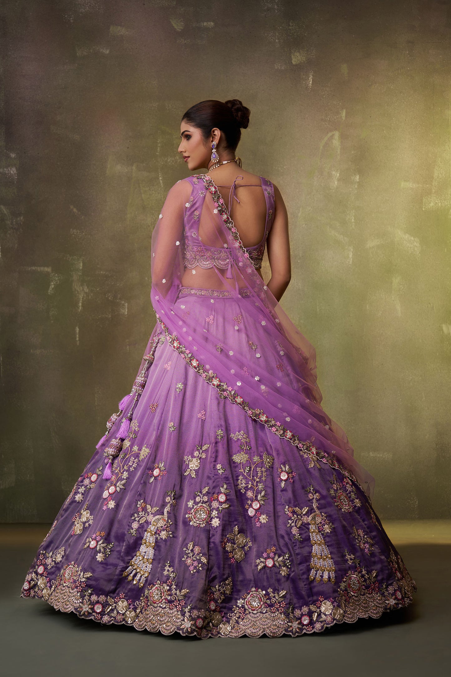 Purple Tissue Sequins & Thread Embroidery Reception Lehenga
