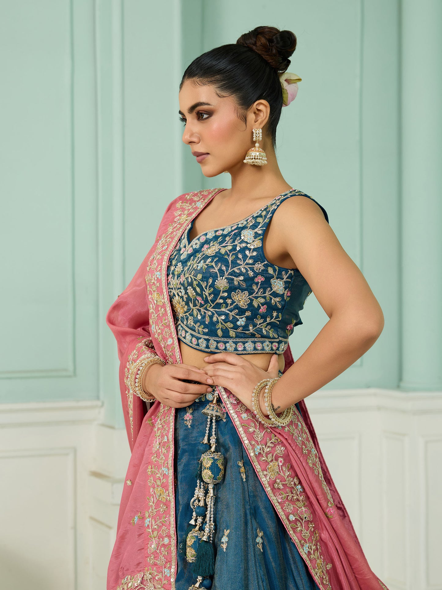 Blue Cosmos Silk Sequins Embroidery Bridesmaid Lehenga