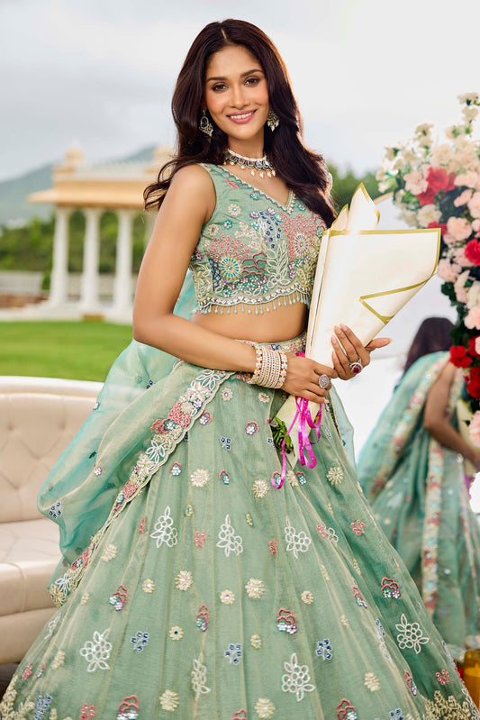 Lime Green Satin Silk Sequins Embroidered Ready to Wear Lehenga Choli for Mehendi