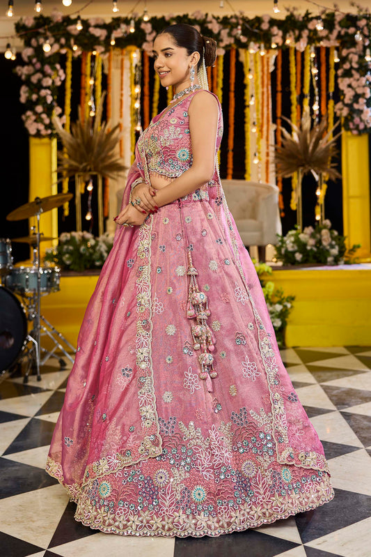 Pink Satin Silk Fabric Sequins Embroidered Ready to Wear Sangeet Lehenga