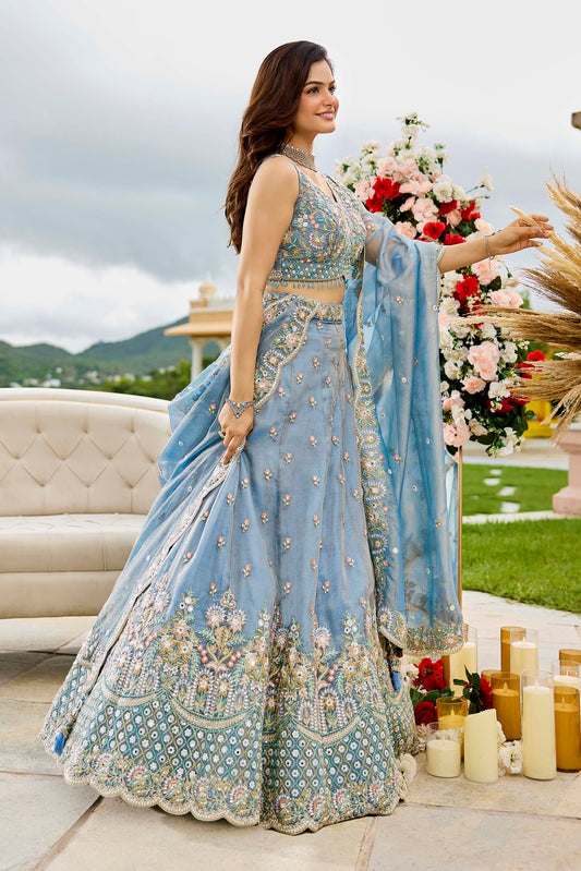 Blue Satin Silk Sequins Embroidered Ready to Wear Engagement Lehenga Choli
