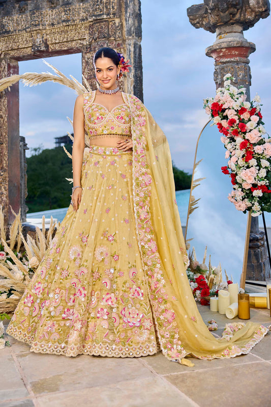 Yellow Organza Fabric Beads & Sequins Embroidered Ready to Wear Bridal Lehenga for Haldi