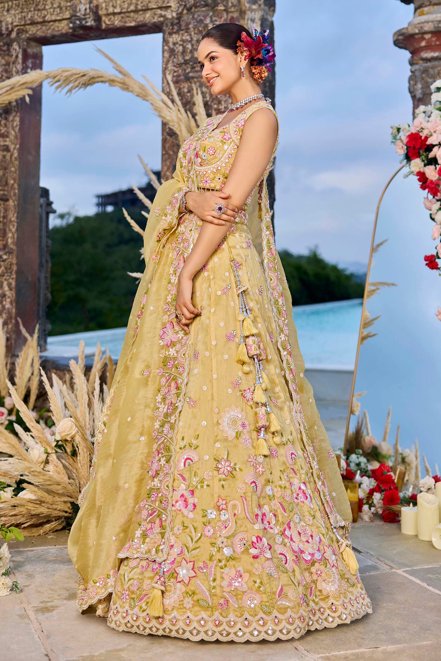 Yellow Organza Fabric Beads & Sequins Embroidered Ready to Wear Bridal Lehenga for Haldi