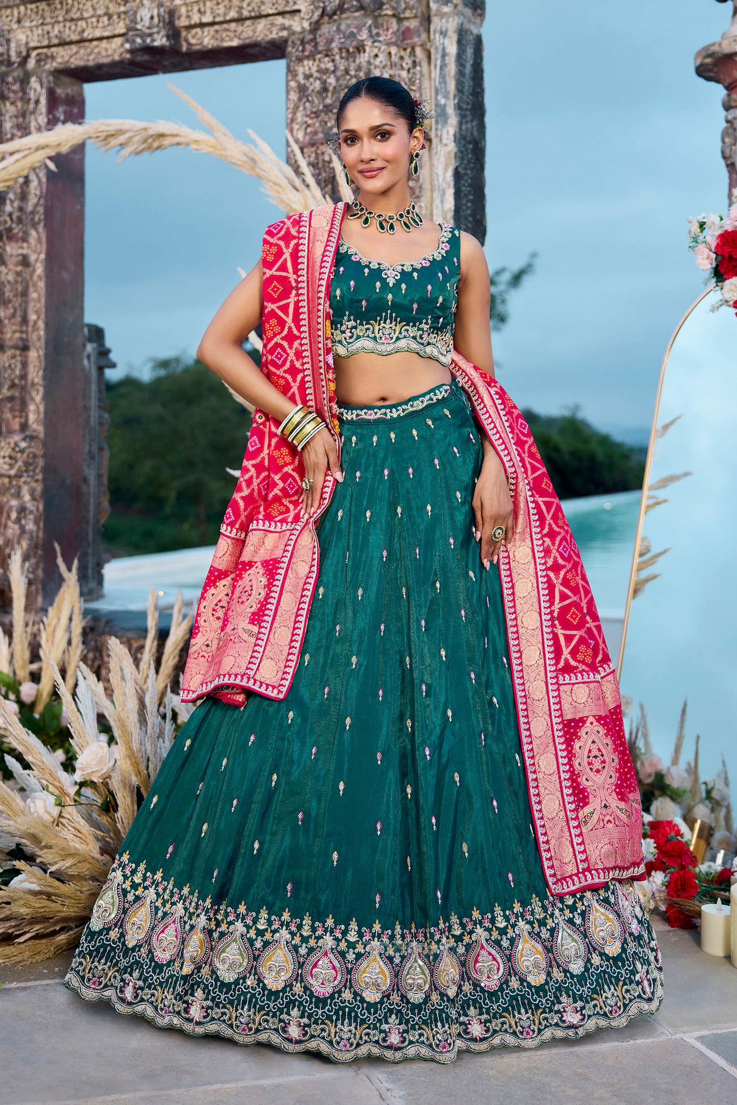 Green Silk Beads & Sequins Embroidery Lehenga for Mehendi