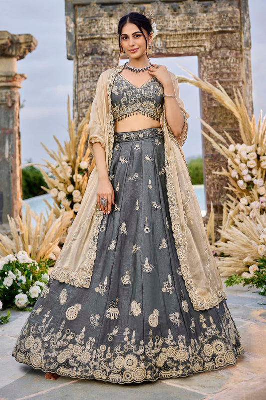 Grey Tissue Beads & Sequins Embroidered Ready to Wear Bridesmaid Lehenga