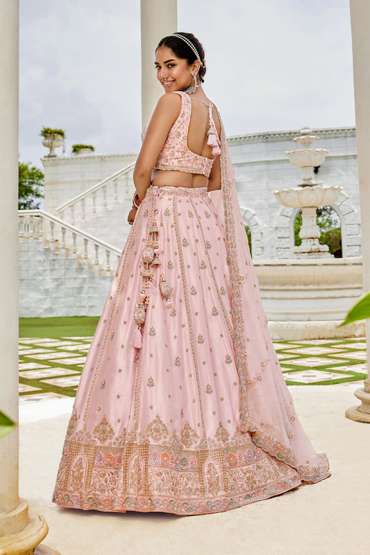 Pink Silk Beads & Sequins Embroidery Bridesmaid Lehenga for Wedding