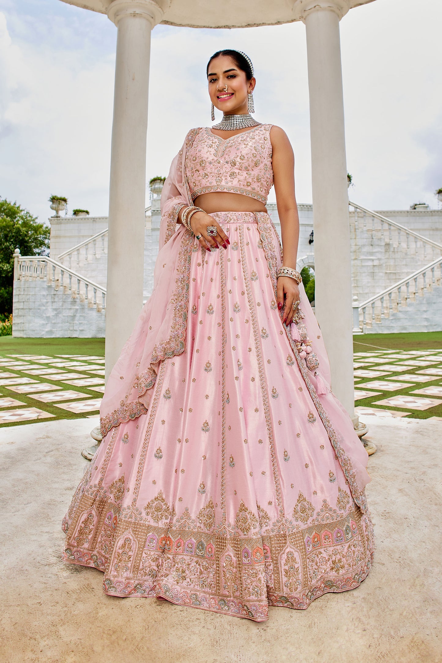 Pink Silk Beads & Sequins Embroidery Bridesmaid Lehenga for Wedding
